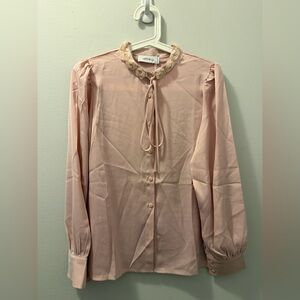 Pink Blouse with Flowers on the Collar